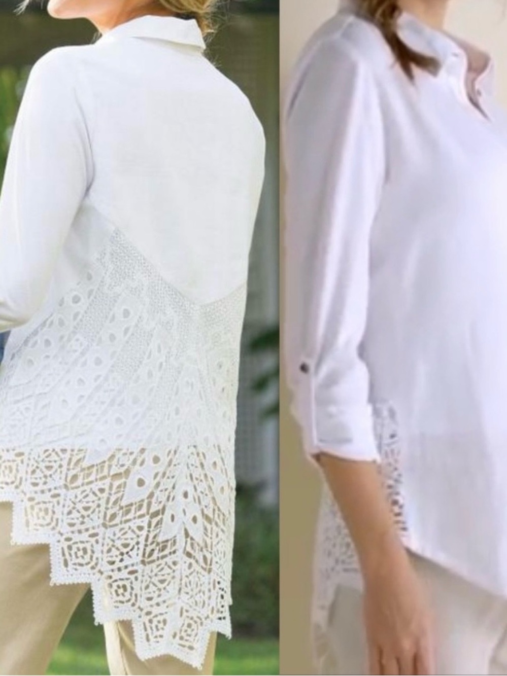 Soft Surroundings White Crochet Back Linen Button Down Tunic Size M